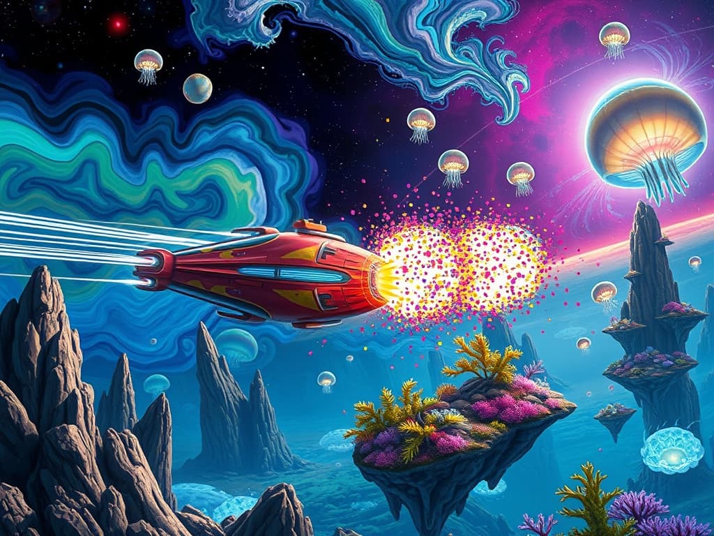 The Void Explorer employs its temporal distortion fields, visible as rippling waves in the fabric of space, targeting the colorful Krusty Voyager, which fires spatula-shaped torpedoes. The torpedoes erupt into bubbles of confetti upon impact, creating a vibrant explosion against the reflective surface of the Explorer. The scene's backdrop includes jagged rocky formations under eerie pulsar light.
Style: Cinematic, ultra-detailed sci-fi concept art
Environment Details: The Krusty Voyager glides through a surreal environment reminiscent of an underwater dreamscape, where vibrant colors and fantastical elements merge. The cosmos is filled with swirling nebulae that resemble the colors of various sea creatures—blues, greens, and yellows dance together in a cosmic ballet. Floating islands of coral-like rock formations dot the scenery, some of which are adorned with glowing seaweed, illuminating the space with a soft bioluminescent glow.

In the distance, massive jellyfish-like vessels drift lazily, their translucent bodies pulsating gently, while schools of pixelated fish dart around, leaving trails of sparkling stardust in their wake. The atmosphere is filled with a whimsical soundscape of bubbling waters and cheerful tunes, reminiscent of a lively underwater party. Occasionally, massive asteroids shaped like various sea creatures float by, reminding the crew of their oceanic origins. This vibrant and enchanting environment perfectly complements the playful yet adventurous spirit of the SpongeBob Absorption League.
Lighting: Dynamic, dramatic lighting with lens flares and volumetric effects
Camera: Wide-angle, epic perspective
Additional Details: Show detailed ship designs, energy weapons, and environmental effects
Quality: Ultra HD, highly detailed, professional quality