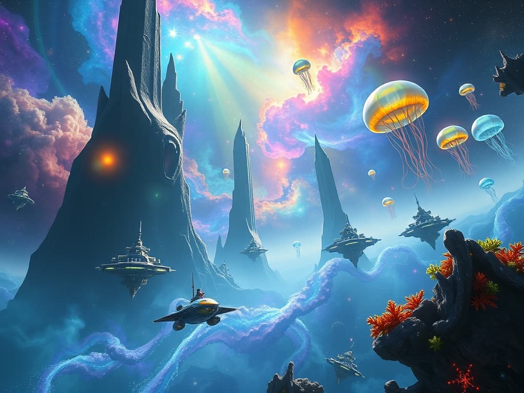 The massive Void Explorer retreats into the shadows cast by towering cosmic pillars, its shimmering force field flickering subtly. The Krusty Voyager, now surrounded by a calming sea of rainbow stardust, sails confidently away. This serene scene is illuminated by colorful nebulae and twinkling stars, highlighting the joyful victory of the smaller vessel.
Style: Cinematic, ultra-detailed sci-fi concept art
Environment Details: The Krusty Voyager glides through a surreal environment reminiscent of an underwater dreamscape, where vibrant colors and fantastical elements merge. The cosmos is filled with swirling nebulae that resemble the colors of various sea creatures—blues, greens, and yellows dance together in a cosmic ballet. Floating islands of coral-like rock formations dot the scenery, some of which are adorned with glowing seaweed, illuminating the space with a soft bioluminescent glow.

In the distance, massive jellyfish-like vessels drift lazily, their translucent bodies pulsating gently, while schools of pixelated fish dart around, leaving trails of sparkling stardust in their wake. The atmosphere is filled with a whimsical soundscape of bubbling waters and cheerful tunes, reminiscent of a lively underwater party. Occasionally, massive asteroids shaped like various sea creatures float by, reminding the crew of their oceanic origins. This vibrant and enchanting environment perfectly complements the playful yet adventurous spirit of the SpongeBob Absorption League.
Lighting: Dynamic, dramatic lighting with lens flares and volumetric effects
Camera: Wide-angle, epic perspective
Additional Details: Show detailed ship designs, energy weapons, and environmental effects
Quality: Ultra HD, highly detailed, professional quality