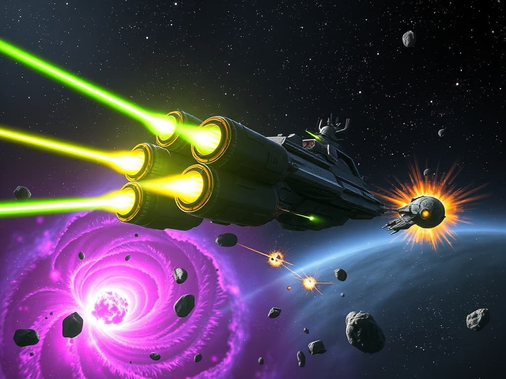 The Zorgthar's oversized plasma cannons fire vivid, green energy blasts, cutting through the serene cosmic expanse. The compact Pineapple Cruiser evades swiftly, glowing Karate Chop Lasers striking back. The background is a chaotic swirl of vivid explosions and flashing energy, amidst tranquil floating space debris pulsing with life.
Style: Cinematic, ultra-detailed sci-fi concept art
Environment Details: The Zorgthar drifts through the dark void of space, surrounded by a multitude of distant stars twinkling like diamonds against the black canvas of the universe. Nearby, a swirling nebula of vibrant purples and blues casts a surreal glow, reflecting off the ship’s hull and creating an ethereal atmosphere. Flashes of distant supernovae punctuate the backdrop, their explosive beauty contrasting with the ominous presence of the battleship. The silence of space is occasionally broken by the hum of the ship’s engines and the low thrum of its quantum shields, all while asteroids drift lazily in the background, remnants of a long-vanished planetary system. The environment is both awe-inspiring and foreboding, reflecting the Zorg Empire’s relentless pursuit of power and control in the cosmos. The stage is set for interstellar conflict, with the Zorgthar ready to unleash its devastating arsenal at a moment's notice.
Lighting: Dynamic, dramatic lighting with lens flares and volumetric effects
Camera: Wide-angle, epic perspective
Additional Details: Show detailed ship designs, energy weapons, and environmental effects
Quality: Ultra HD, highly detailed, professional quality