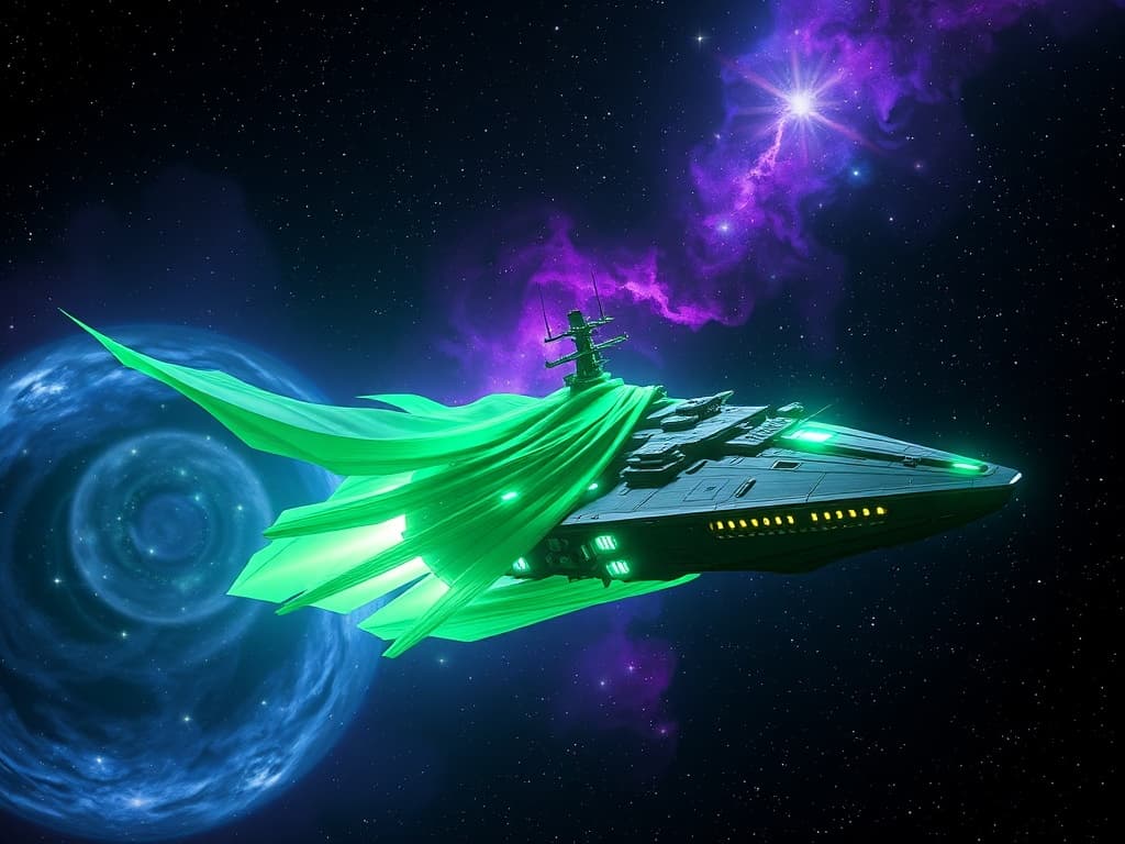 The Pineapple Cruiser, wrapped in its ethereal green cloak, glides with stealth. The Zorgthar, amid the twinkling void, emerges from teleportation, its shimmering shields dazzling against the backdrop of distant, vibrant nebulae. The scene is tense, charged with potential energy, as both ships brace for a pivotal encounter.
Style: Cinematic, ultra-detailed sci-fi concept art
Environment Details: The Zorgthar drifts through the dark void of space, surrounded by a multitude of distant stars twinkling like diamonds against the black canvas of the universe. Nearby, a swirling nebula of vibrant purples and blues casts a surreal glow, reflecting off the ship’s hull and creating an ethereal atmosphere. Flashes of distant supernovae punctuate the backdrop, their explosive beauty contrasting with the ominous presence of the battleship. The silence of space is occasionally broken by the hum of the ship’s engines and the low thrum of its quantum shields, all while asteroids drift lazily in the background, remnants of a long-vanished planetary system. The environment is both awe-inspiring and foreboding, reflecting the Zorg Empire’s relentless pursuit of power and control in the cosmos. The stage is set for interstellar conflict, with the Zorgthar ready to unleash its devastating arsenal at a moment's notice.
Lighting: Dynamic, dramatic lighting with lens flares and volumetric effects
Camera: Wide-angle, epic perspective
Additional Details: Show detailed ship designs, energy weapons, and environmental effects
Quality: Ultra HD, highly detailed, professional quality