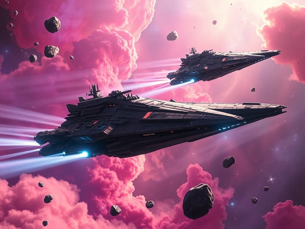 Two colossal spaceships glide gracefully through colorful nebulae, dimming their weapons. Their paths weave through ethereal gas tendrils, as distant stars twinkle against the backdrop, symbolizing a temporary peace amidst the celestial expanse.
Style: Cinematic, ultra-detailed sci-fi concept art
Environment Details: The Nebula Nomads Freighter drifts through a vibrant nebula, where swirling gases and cosmic dust create a painterly canvas of deep purples, radiant pinks, and brilliant blues. Interstellar light refracts through the gaseous clouds, casting ethereal glows that illuminate the freighter's hull. Nearby, clusters of asteroids float lazily, their surfaces glistening with mineral deposits, while distant stars twinkle like diamonds scattered across a velvet tapestry. Occasionally, flashes of energy from nearby stellar phenomena light up the surroundings, hinting at the raw power of the universe. The air is thick with the remnants of ancient cosmic events, adding a sense of mystery and wonder to the scene. As the ship navigates through this breathtaking environment, it leaves behind a trail of ionized particles that shimmer for a brief moment before fading into the depths of space.
Lighting: Dynamic, dramatic lighting with lens flares and volumetric effects
Camera: Wide-angle, epic perspective
Additional Details: Show detailed ship designs, energy weapons, and environmental effects
Quality: Ultra HD, highly detailed, professional quality