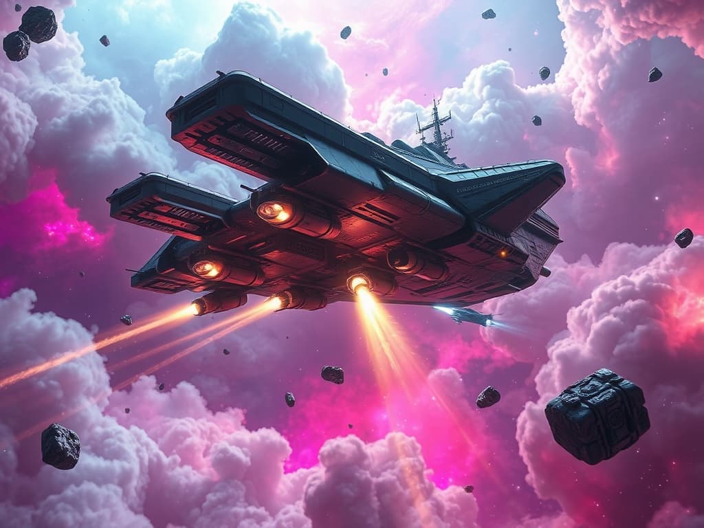 A majestic freighter’s missile launchers firing amidst turbulent nebulaic clouds. The missiles streak through vibrant shades of pink and blue towards their target, underlining the intense and somber atmosphere of the cosmic battlefield.
Style: Cinematic, ultra-detailed sci-fi concept art
Environment Details: The Nebula Nomads Freighter drifts through a vibrant nebula, where swirling gases and cosmic dust create a painterly canvas of deep purples, radiant pinks, and brilliant blues. Interstellar light refracts through the gaseous clouds, casting ethereal glows that illuminate the freighter's hull. Nearby, clusters of asteroids float lazily, their surfaces glistening with mineral deposits, while distant stars twinkle like diamonds scattered across a velvet tapestry. Occasionally, flashes of energy from nearby stellar phenomena light up the surroundings, hinting at the raw power of the universe. The air is thick with the remnants of ancient cosmic events, adding a sense of mystery and wonder to the scene. As the ship navigates through this breathtaking environment, it leaves behind a trail of ionized particles that shimmer for a brief moment before fading into the depths of space.
Lighting: Dynamic, dramatic lighting with lens flares and volumetric effects
Camera: Wide-angle, epic perspective
Additional Details: Show detailed ship designs, energy weapons, and environmental effects
Quality: Ultra HD, highly detailed, professional quality