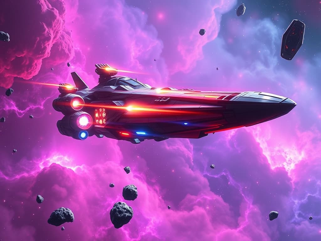 A colossal military spaceship fires its plasma turrets, sending brilliant energy blasts towards a sleek futuristic vessel. The attacked ship's shimmering Quantum Shields pulse with vivid energy, deflecting the attack amidst the nebula’s radiant hues.
Style: Cinematic, ultra-detailed sci-fi concept art
Environment Details: The Nebula Nomads Freighter drifts through a vibrant nebula, where swirling gases and cosmic dust create a painterly canvas of deep purples, radiant pinks, and brilliant blues. Interstellar light refracts through the gaseous clouds, casting ethereal glows that illuminate the freighter's hull. Nearby, clusters of asteroids float lazily, their surfaces glistening with mineral deposits, while distant stars twinkle like diamonds scattered across a velvet tapestry. Occasionally, flashes of energy from nearby stellar phenomena light up the surroundings, hinting at the raw power of the universe. The air is thick with the remnants of ancient cosmic events, adding a sense of mystery and wonder to the scene. As the ship navigates through this breathtaking environment, it leaves behind a trail of ionized particles that shimmer for a brief moment before fading into the depths of space.
Lighting: Dynamic, dramatic lighting with lens flares and volumetric effects
Camera: Wide-angle, epic perspective
Additional Details: Show detailed ship designs, energy weapons, and environmental effects
Quality: Ultra HD, highly detailed, professional quality