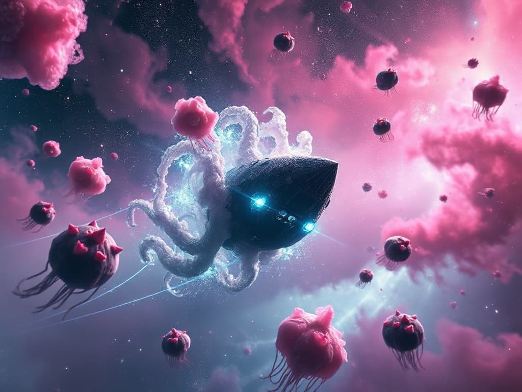 A turbulent scene with the moment of tension captured—a warp-conjured water-like energy surrounding the 'Tidal Fury' as it boldly positions behind the 'Krabby Vengeance', its retractable tentacles lashing out towards the invader. Intense flashes of light and energy ricochet through the vibrant nebula.
Style: Cinematic, ultra-detailed sci-fi concept art
Environment Details: The 'Krabby Vengeance' glides through the vibrant expanse of the Jellyfish Nebula, a spectacular region filled with swirling clouds of pink and purple gas that glimmer like jellyfish drifting in the ocean currents. Flashes of bioluminescent colors dance across the cosmic landscape, creating a surreal backdrop reminiscent of an underwater paradise. Floating asteroids shaped like various sea creatures dot the area, some covered in shimmering crystals that reflect the ship's lights. The background is punctuated by the distant glow of twinkling stars, casting a magical ambiance over the scene. Occasionally, clusters of jellyfish-like drones, created by the SpongeBob Absorption League, flit around the destroyer, their translucent bodies glowing softly as they collect interstellar energy to power the ship's advanced systems. The environment feels alive, echoing the playful yet fierce spirit of the faction, as the ship navigates through this whimsical yet dangerous cosmic ocean.
Lighting: Dynamic, dramatic lighting with lens flares and volumetric effects
Camera: Wide-angle, epic perspective
Additional Details: Show detailed ship designs, energy weapons, and environmental effects
Quality: Ultra HD, highly detailed, professional quality