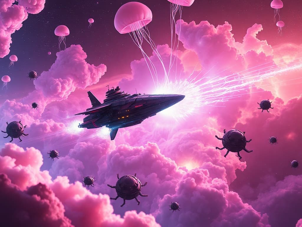 An engaging resolution with the 'Tidal Fury' enveloped in shimmering energy, launching hydro-bombs that shimmer like underwater light. The 'Krabby Vengeance' releases its embrace as both ships recede, leaving ripples of colorful light against the nebula, surrounded by the peaceful glow of the jellyfish-like drones.
Style: Cinematic, ultra-detailed sci-fi concept art
Environment Details: The 'Krabby Vengeance' glides through the vibrant expanse of the Jellyfish Nebula, a spectacular region filled with swirling clouds of pink and purple gas that glimmer like jellyfish drifting in the ocean currents. Flashes of bioluminescent colors dance across the cosmic landscape, creating a surreal backdrop reminiscent of an underwater paradise. Floating asteroids shaped like various sea creatures dot the area, some covered in shimmering crystals that reflect the ship's lights. The background is punctuated by the distant glow of twinkling stars, casting a magical ambiance over the scene. Occasionally, clusters of jellyfish-like drones, created by the SpongeBob Absorption League, flit around the destroyer, their translucent bodies glowing softly as they collect interstellar energy to power the ship's advanced systems. The environment feels alive, echoing the playful yet fierce spirit of the faction, as the ship navigates through this whimsical yet dangerous cosmic ocean.
Lighting: Dynamic, dramatic lighting with lens flares and volumetric effects
Camera: Wide-angle, epic perspective
Additional Details: Show detailed ship designs, energy weapons, and environmental effects
Quality: Ultra HD, highly detailed, professional quality