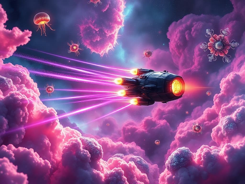 A dramatic cosmic setting where multi-colored streams of plasma and glowing krabby patties cross paths, amid the clouds of the nebula. Gleaming sea creature-shaped asteroids float by, reflecting the light from the blasts, creating a chaotic, colorful scene.
Style: Cinematic, ultra-detailed sci-fi concept art
Environment Details: The 'Krabby Vengeance' glides through the vibrant expanse of the Jellyfish Nebula, a spectacular region filled with swirling clouds of pink and purple gas that glimmer like jellyfish drifting in the ocean currents. Flashes of bioluminescent colors dance across the cosmic landscape, creating a surreal backdrop reminiscent of an underwater paradise. Floating asteroids shaped like various sea creatures dot the area, some covered in shimmering crystals that reflect the ship's lights. The background is punctuated by the distant glow of twinkling stars, casting a magical ambiance over the scene. Occasionally, clusters of jellyfish-like drones, created by the SpongeBob Absorption League, flit around the destroyer, their translucent bodies glowing softly as they collect interstellar energy to power the ship's advanced systems. The environment feels alive, echoing the playful yet fierce spirit of the faction, as the ship navigates through this whimsical yet dangerous cosmic ocean.
Lighting: Dynamic, dramatic lighting with lens flares and volumetric effects
Camera: Wide-angle, epic perspective
Additional Details: Show detailed ship designs, energy weapons, and environmental effects
Quality: Ultra HD, highly detailed, professional quality