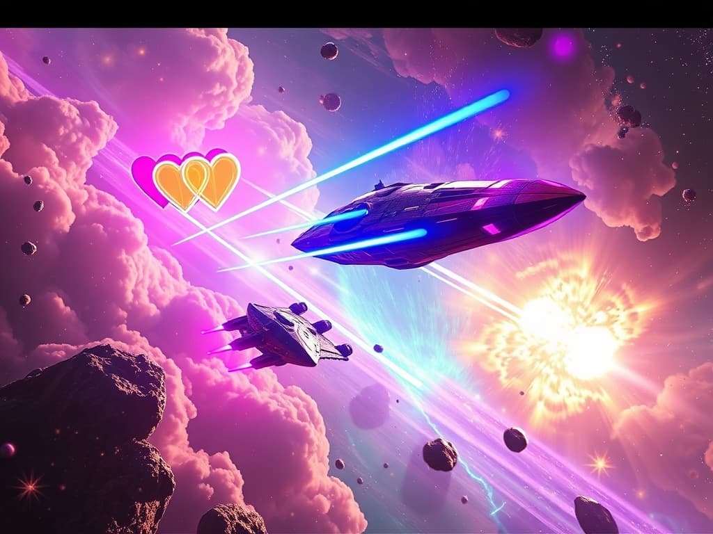 A cinematic scene of two spaceships exchanging vibrant energy attacks: heart-shaped laser bursts from a pink and rainbow-themed ship versus bright blue plasma blasts reflected off a shimmering, iridescent-skinned ship. Floating stardust and nebula clouds illuminate the battle, creating a dramatic and colorful cosmic conflict.
Style: Cinematic, ultra-detailed sci-fi concept art
Environment Details: The Zorathis glides through the swirling nebulae of the Zorg Empire's territory, where vibrant clouds of gas in shades of purple, teal, and gold create a breathtaking backdrop. Nearby, colossal asteroids drift lazily, their surfaces glimmering with mineral deposits that reflect the starlight. The space around the ship is alive with energy as small drones buzz around, gathering data from the surrounding celestial phenomena. In the distance, the remnants of a supernova shimmer like cosmic fireworks, casting an ethereal glow across the scene. As the ship maneuvers through this stunning yet perilous environment, the occasional flash of light from distant battles can be seen, reminding the crew of the constant conflict that looms over their scientific pursuits. The juxtaposition of beauty and danger encapsulates the essence of the Zorg Empire: a relentless quest for knowledge, intertwined with their formidable military power.
Lighting: Dynamic, dramatic lighting with lens flares and volumetric effects
Camera: Wide-angle, epic perspective
Additional Details: Show detailed ship designs, energy weapons, and environmental effects
Quality: Ultra HD, highly detailed, professional quality