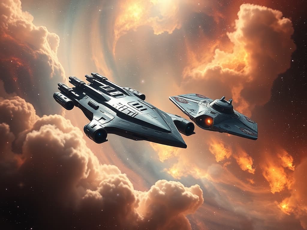 Two ships suspended in a nebula, a moment of peace captured as opalescent gases caress their hulls. The Stingray-class cruise r holds its plasma cannons retracted, a central turret poised but at rest. The Quantum Collective Explorer's shields have faded to soft luminescence. Stars twinkle gently overhead in a cosmic canopy.
Style: Cinematic, ultra-detailed sci-fi concept art
Environment Details: A distant galaxy with swirling nebulae and shimmering stars
Lighting: Dynamic, dramatic lighting with lens flares and volumetric effects
Camera: Wide-angle, epic perspective
Additional Details: Show detailed ship designs, energy weapons, and environmental effects
Quality: Ultra HD, highly detailed, professional quality