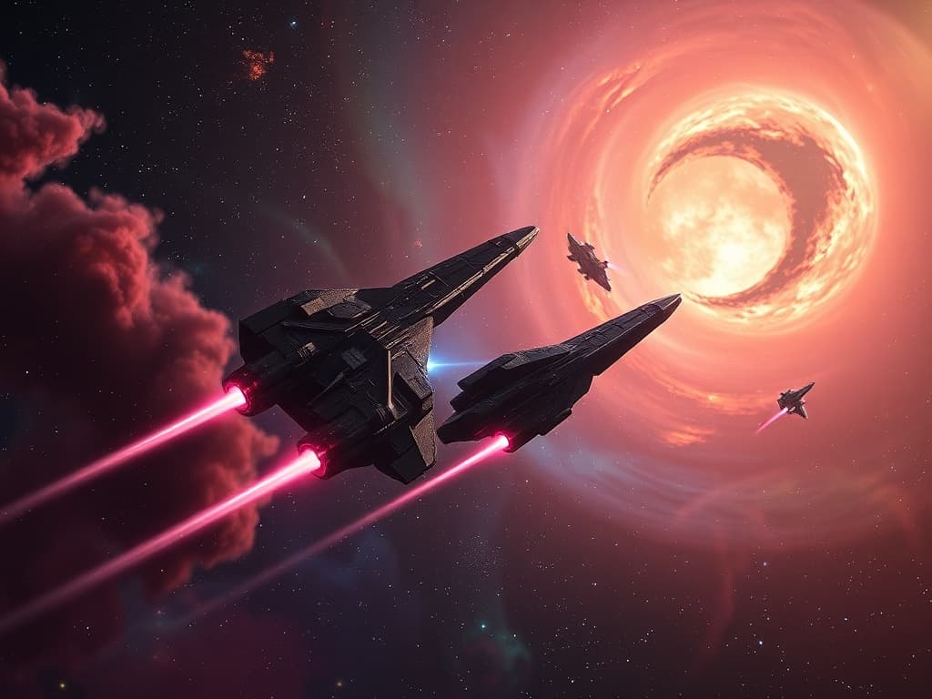 Illustrate the aftermath of the battle, with both ships drifting slowly, emit wisps of vaporized metal and coolant into the void. The nebula's vibrant colors return to prominence, embracing the ships' silhouettes against a backdrop of shimmering stars.
Style: Cinematic, ultra-detailed sci-fi concept art
Environment Details: A distant galaxy with swirling nebulae and shimmering stars
Lighting: Dynamic, dramatic lighting with lens flares and volumetric effects
Camera: Wide-angle, epic perspective
Additional Details: Show detailed ship designs, energy weapons, and environmental effects
Quality: Ultra HD, highly detailed, professional quality