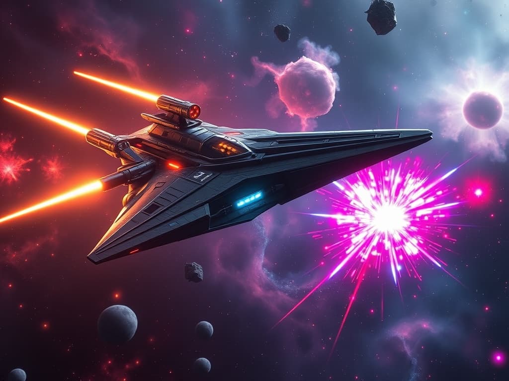 Stingray-class cruiser with extending plasma cannons glowing amidst the nebula. A Quantum Collective Explorer surrounded by vibrant, pulsating quantum shields reacts; explosions of colorful energy scatter through cosmic debris and neon gas, casting dramatic light against the sleek hulls of both ships.
Style: Cinematic, ultra-detailed sci-fi concept art
Environment Details: A distant galaxy with swirling nebulae and shimmering stars
Lighting: Dynamic, dramatic lighting with lens flares and volumetric effects
Camera: Wide-angle, epic perspective
Additional Details: Show detailed ship designs, energy weapons, and environmental effects
Quality: Ultra HD, highly detailed, professional quality