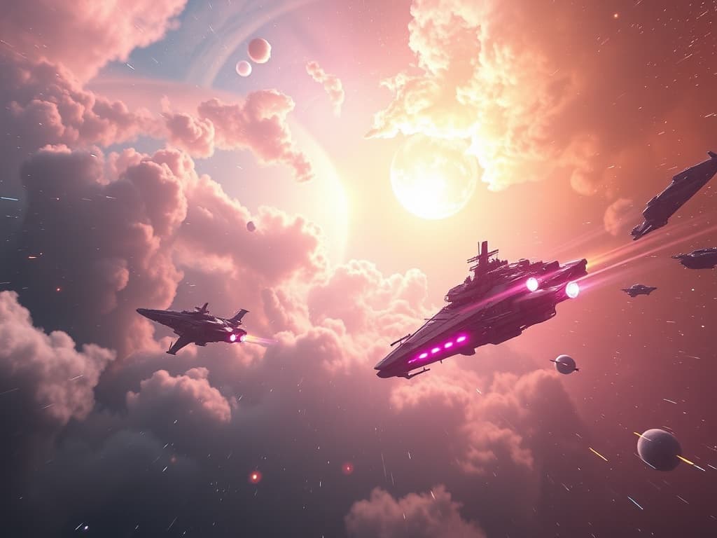 A serene cosmic aftermath, depicting the Aurora Seraph retreating into the Celestial Veil's protective embrace, while the victorious Hello Kitty Destroyer floats amidst pastel nebulae and sparkling stars, reflecting its triumph and enchantment in the ethereal calm.
Style: Cinematic, ultra-detailed sci-fi concept art
Environment Details: A distant galaxy with swirling nebulae and shimmering stars
Lighting: Dynamic, dramatic lighting with lens flares and volumetric effects
Camera: Wide-angle, epic perspective
Additional Details: Show detailed ship designs, energy weapons, and environmental effects
Quality: Ultra HD, highly detailed, professional quality