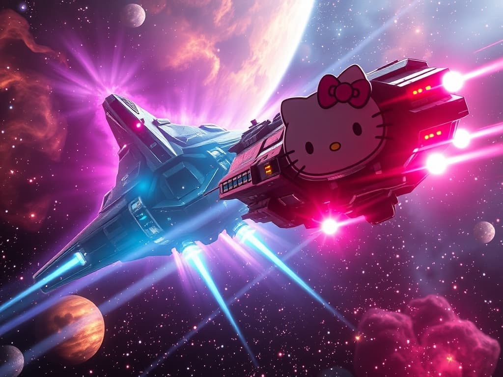 An intense, vibrant space showdown, depicting the Aurora Seraph's cloaking device creating spectral illusions against the seemingly whimsical yet fierce frontal assault from the Hello Kitty Destroyer, all bathed in ambient confetti-like starlight.
Style: Cinematic, ultra-detailed sci-fi concept art
Environment Details: A distant galaxy with swirling nebulae and shimmering stars
Lighting: Dynamic, dramatic lighting with lens flares and volumetric effects
Camera: Wide-angle, epic perspective
Additional Details: Show detailed ship designs, energy weapons, and environmental effects
Quality: Ultra HD, highly detailed, professional quality