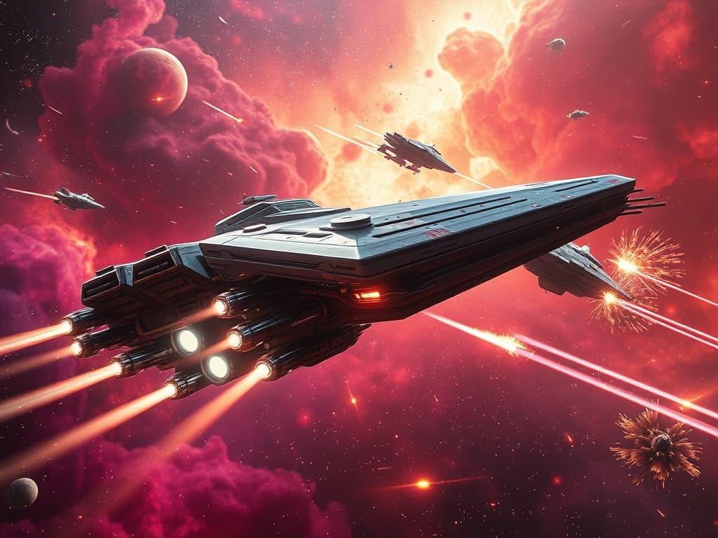 Torpedoes streaming from undercarriage of Stingray-class cruiser through vivid nebula. Quantum Collective Explorer dodges, its translucent shields swirling with reflected light. Cosmic debris and explosive glimmers illuminate the scene, illustrating high-speed maneuvers and cascading energy beams in a galactic battle.
Style: Cinematic, ultra-detailed sci-fi concept art
Environment Details: A distant galaxy with swirling nebulae and shimmering stars
Lighting: Dynamic, dramatic lighting with lens flares and volumetric effects
Camera: Wide-angle, epic perspective
Additional Details: Show detailed ship designs, energy weapons, and environmental effects
Quality: Ultra HD, highly detailed, professional quality