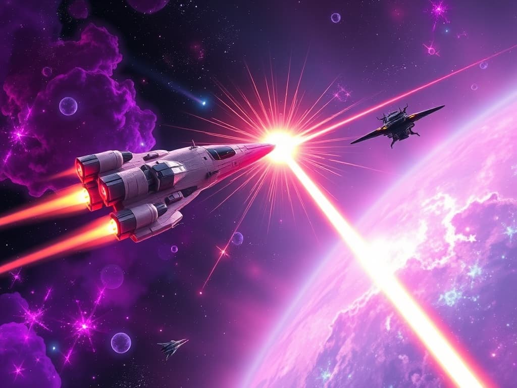 A dramatic scene of space battle with the Hello Kitty Destroyer's colorful laser blasts colliding mid-space with the Aurora Seraph's retaliating plasma bolts, amidst a backdrop of vibrant, chaotic nebulae alive with deep purples, blues, and meteoroids.
Style: Cinematic, ultra-detailed sci-fi concept art
Environment Details: A distant galaxy with swirling nebulae and shimmering stars
Lighting: Dynamic, dramatic lighting with lens flares and volumetric effects
Camera: Wide-angle, epic perspective
Additional Details: Show detailed ship designs, energy weapons, and environmental effects
Quality: Ultra HD, highly detailed, professional quality