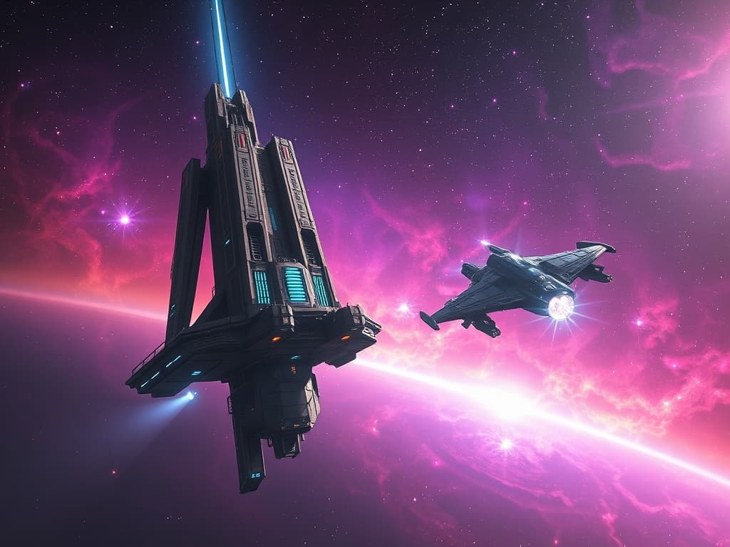 The towering Atomic Pioneer retreating under a starlit galactic sky, its hull battered and holographic displays flickering. The Galactic Explorer, glowing with the ethereal energy of the nebula, glides gracefully onward. The vibrant nebula, with its deep purples and fiery reds, forms a serene and haunting backdrop.
Style: Cinematic, ultra-detailed sci-fi concept art
Environment Details: A distant galaxy with swirling nebulae and shimmering stars
Lighting: Dynamic, dramatic lighting with lens flares and volumetric effects
Camera: Wide-angle, epic perspective
Additional Details: Show detailed ship designs, energy weapons, and environmental effects
Quality: Ultra HD, highly detailed, professional quality