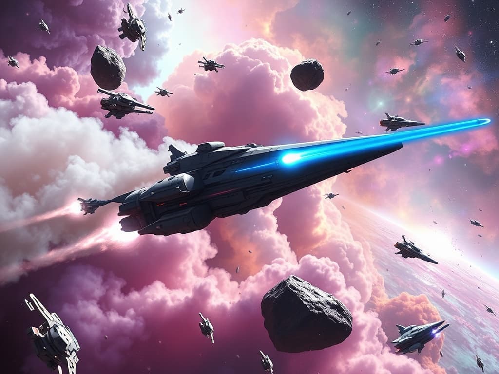 A space encounter with a cute yet formidable spaceship firing kitten-shaped missiles amid pastel smoke, while another sleek ship uses teleportation to dodge, leaving a rippling blue shimmer in space. The first ship executes an agile maneuver, channeling focus into a singular beam against a nebula-draped backdrop.
Style: Cinematic, ultra-detailed sci-fi concept art
Environment Details: The Zorathis glides through the swirling nebulae of the Zorg Empire's territory, where vibrant clouds of gas in shades of purple, teal, and gold create a breathtaking backdrop. Nearby, colossal asteroids drift lazily, their surfaces glimmering with mineral deposits that reflect the starlight. The space around the ship is alive with energy as small drones buzz around, gathering data from the surrounding celestial phenomena. In the distance, the remnants of a supernova shimmer like cosmic fireworks, casting an ethereal glow across the scene. As the ship maneuvers through this stunning yet perilous environment, the occasional flash of light from distant battles can be seen, reminding the crew of the constant conflict that looms over their scientific pursuits. The juxtaposition of beauty and danger encapsulates the essence of the Zorg Empire: a relentless quest for knowledge, intertwined with their formidable military power.
Lighting: Dynamic, dramatic lighting with lens flares and volumetric effects
Camera: Wide-angle, epic perspective
Additional Details: Show detailed ship designs, energy weapons, and environmental effects
Quality: Ultra HD, highly detailed, professional quality