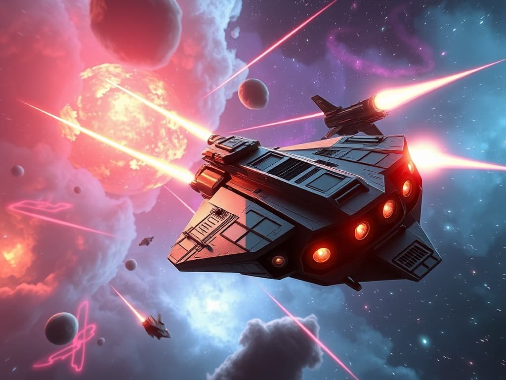 A dramatic space battle scene with energy bolts and plasma blasts lighting up a nebula. The Galactic Explorer 663 dodges and weaves among the vibrant gases, while the Atomic Pioneer unleashes powerful cannon fire. The backdrop is filled with the ethereal glow of the nebula and the distant stars.
Style: Cinematic, ultra-detailed sci-fi concept art
Environment Details: A distant galaxy with swirling nebulae and shimmering stars
Lighting: Dynamic, dramatic lighting with lens flares and volumetric effects
Camera: Wide-angle, epic perspective
Additional Details: Show detailed ship designs, energy weapons, and environmental effects
Quality: Ultra HD, highly detailed, professional quality