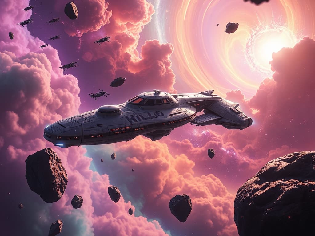 The aftermath of an epic space battle: a Hello Kitty-themed ship, gleaming and still, beside a shimmering, sunset-hued science vessel, both enveloped in a tranquil purple and gold nebula. The cosmic scene reflects a temporary peace, scattered with the glows of distant energy and soft stardust.
Style: Cinematic, ultra-detailed sci-fi concept art
Environment Details: The Zorathis glides through the swirling nebulae of the Zorg Empire's territory, where vibrant clouds of gas in shades of purple, teal, and gold create a breathtaking backdrop. Nearby, colossal asteroids drift lazily, their surfaces glimmering with mineral deposits that reflect the starlight. The space around the ship is alive with energy as small drones buzz around, gathering data from the surrounding celestial phenomena. In the distance, the remnants of a supernova shimmer like cosmic fireworks, casting an ethereal glow across the scene. As the ship maneuvers through this stunning yet perilous environment, the occasional flash of light from distant battles can be seen, reminding the crew of the constant conflict that looms over their scientific pursuits. The juxtaposition of beauty and danger encapsulates the essence of the Zorg Empire: a relentless quest for knowledge, intertwined with their formidable military power.
Lighting: Dynamic, dramatic lighting with lens flares and volumetric effects
Camera: Wide-angle, epic perspective
Additional Details: Show detailed ship designs, energy weapons, and environmental effects
Quality: Ultra HD, highly detailed, professional quality