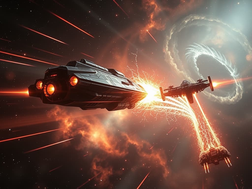 Capture the moment Luminary Herald 437's tractor beam ensnares the Galaxian Voyager 999, with crackling energy and missile trails erupting as the Voyager violently breaks free, casting a dramatic play of light and shadow across the nebula.
Style: Cinematic, ultra-detailed sci-fi concept art
Environment Details: A distant galaxy with swirling nebulae and shimmering stars
Lighting: Dynamic, dramatic lighting with lens flares and volumetric effects
Camera: Wide-angle, epic perspective
Additional Details: Show detailed ship designs, energy weapons, and environmental effects
Quality: Ultra HD, highly detailed, professional quality