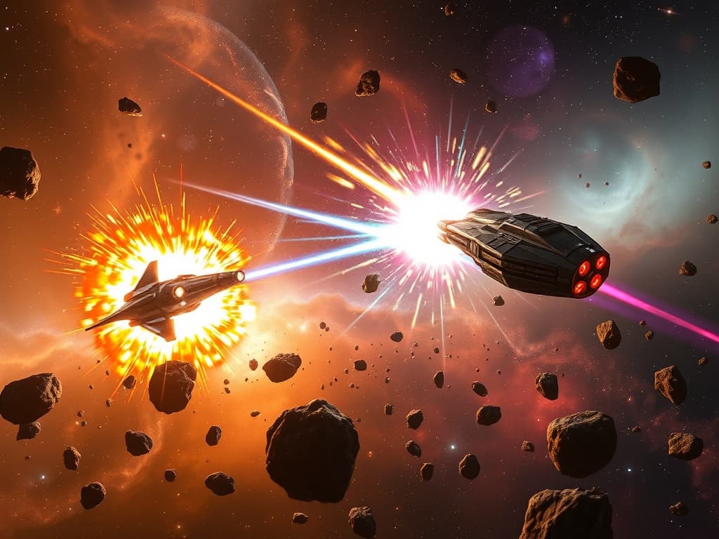 Depict the intense exchange of plasma fire between Galaxian Voyager 999 and Luminary Herald 437 amidst a field of drifting asteroids, illuminated by the violent bursts of explosions against the nebula's vibrant hues.
Style: Cinematic, ultra-detailed sci-fi concept art
Environment Details: A distant galaxy with swirling nebulae and shimmering stars
Lighting: Dynamic, dramatic lighting with lens flares and volumetric effects
Camera: Wide-angle, epic perspective
Additional Details: Show detailed ship designs, energy weapons, and environmental effects
Quality: Ultra HD, highly detailed, professional quality