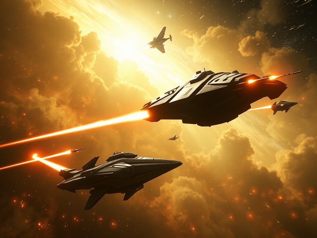 Cinematic illustration of the Thunder Titan's antimatter torpedoes streaking through the nebula, illuminating the scene. The Pulsar Seeker responds with a salvo of missiles, both ships maneuvering amongst swirling nebula gases, creating a vibrant, chaotic ballet of light and shadow.
Style: Cinematic, ultra-detailed sci-fi concept art
Environment Details: A distant galaxy with swirling nebulae and shimmering stars
Lighting: Dynamic, dramatic lighting with lens flares and volumetric effects
Camera: Wide-angle, epic perspective
Additional Details: Show detailed ship designs, energy weapons, and environmental effects
Quality: Ultra HD, highly detailed, professional quality