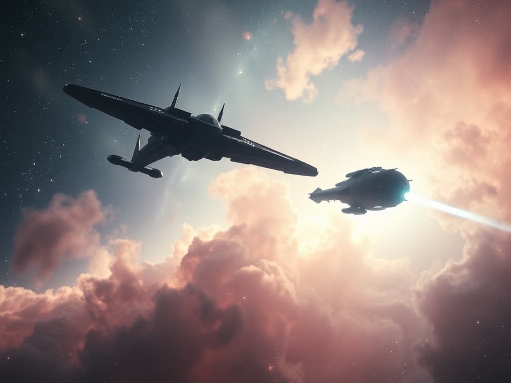 A serene image capturing the aftermath of battle. The Thunder Titan and the damaged Pulsar Seeker float in the ethereal colors of the nebula, their silhouettes softened by the gentle glow. The atmosphere is one of tentative peace and new beginnings against the cosmic backdrop.
Style: Cinematic, ultra-detailed sci-fi concept art
Environment Details: A distant galaxy with swirling nebulae and shimmering stars
Lighting: Dynamic, dramatic lighting with lens flares and volumetric effects
Camera: Wide-angle, epic perspective
Additional Details: Show detailed ship designs, energy weapons, and environmental effects
Quality: Ultra HD, highly detailed, professional quality