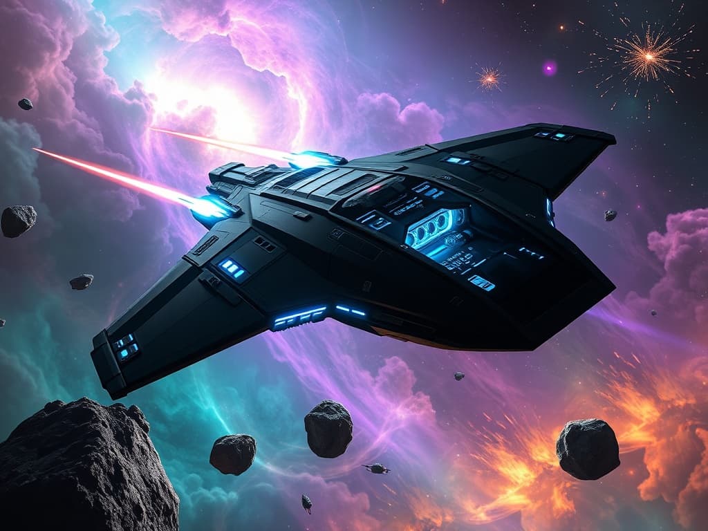 Dark obsidian ship, sleek with sharp edges, fires glowing plasma bolts through a nebula, clashing against vibrant blue quantum shields of the shifting-color Zorathis. Glowing bioluminescent veins inside the Zorathis's cockpit pulse with urgency.
Style: Cinematic, ultra-detailed sci-fi concept art
Environment Details: The Zorathis glides through the swirling nebulae of the Zorg Empire's territory, where vibrant clouds of gas in shades of purple, teal, and gold create a breathtaking backdrop. Nearby, colossal asteroids drift lazily, their surfaces glimmering with mineral deposits that reflect the starlight. The space around the ship is alive with energy as small drones buzz around, gathering data from the surrounding celestial phenomena. In the distance, the remnants of a supernova shimmer like cosmic fireworks, casting an ethereal glow across the scene. As the ship maneuvers through this stunning yet perilous environment, the occasional flash of light from distant battles can be seen, reminding the crew of the constant conflict that looms over their scientific pursuits. The juxtaposition of beauty and danger encapsulates the essence of the Zorg Empire: a relentless quest for knowledge, intertwined with their formidable military power.
Lighting: Dynamic, dramatic lighting with lens flares and volumetric effects
Camera: Wide-angle, epic perspective
Additional Details: Show detailed ship designs, energy weapons, and environmental effects
Quality: Ultra HD, highly detailed, professional quality