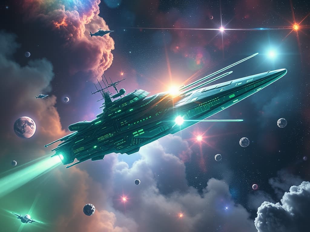 A transparent battleship caught in a reveal, its silhouette outlined by green data overlays from a cyber-Pulsar radar, responding to a barrage from an iridescent ship that lights up both the scene and the ship's cracked stealth field.
Style: Cinematic, ultra-detailed sci-fi concept art
Environment Details: The 'Pokémon Explorer' navigates through a vibrant nebula filled with swirling clouds of gas and dust, illuminated by the soft light of nearby stars. Celestial bodies, such as colorful gas giants and glittering asteroid fields, dot the landscape, creating a breathtaking backdrop for exploration. Occasionally, bursts of cosmic energy ripple through the nebula, casting shifting patterns of light that dance across the ship's hull. In the distance, a pulsar emits rhythmic beams of radiation, providing a natural lighthouse for the ship's journey. As the 'Pokémon Explorer' moves deeper into uncharted space, the crew marvels at the occasional sightings of exotic Pokémon species flitting through the cosmic clouds, their bioluminescent forms glowing against the dark velvet of space. The atmosphere is filled with a sense of wonder and adventure, as the ship prepares to uncover the secrets of the universe while safeguarding the Pokémon it encounters.
Lighting: Dynamic, dramatic lighting with lens flares and volumetric effects
Camera: Wide-angle, epic perspective
Additional Details: Show detailed ship designs, energy weapons, and environmental effects
Quality: Ultra HD, highly detailed, professional quality