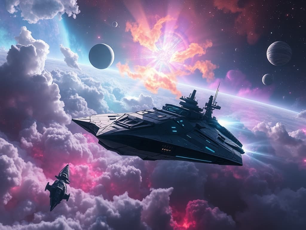 The defeated dark battleship retreats into the void, its stealth flickering as a victorious iridescent ship continues through a serene nebula landscape, bioluminescent panels casting a harmonious glow across tranquil starry vistas.
Style: Cinematic, ultra-detailed sci-fi concept art
Environment Details: The 'Pokémon Explorer' navigates through a vibrant nebula filled with swirling clouds of gas and dust, illuminated by the soft light of nearby stars. Celestial bodies, such as colorful gas giants and glittering asteroid fields, dot the landscape, creating a breathtaking backdrop for exploration. Occasionally, bursts of cosmic energy ripple through the nebula, casting shifting patterns of light that dance across the ship's hull. In the distance, a pulsar emits rhythmic beams of radiation, providing a natural lighthouse for the ship's journey. As the 'Pokémon Explorer' moves deeper into uncharted space, the crew marvels at the occasional sightings of exotic Pokémon species flitting through the cosmic clouds, their bioluminescent forms glowing against the dark velvet of space. The atmosphere is filled with a sense of wonder and adventure, as the ship prepares to uncover the secrets of the universe while safeguarding the Pokémon it encounters.
Lighting: Dynamic, dramatic lighting with lens flares and volumetric effects
Camera: Wide-angle, epic perspective
Additional Details: Show detailed ship designs, energy weapons, and environmental effects
Quality: Ultra HD, highly detailed, professional quality