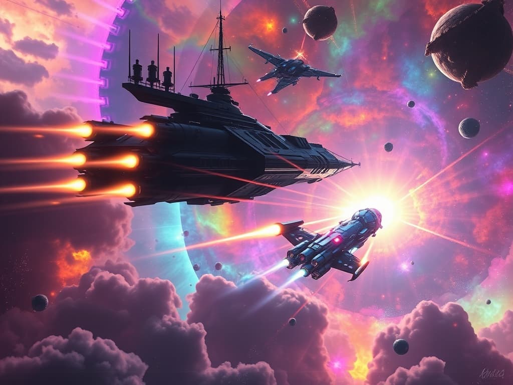 Energy turrets flaring from the dark battleship, launching plasma beams towards a nimble, iridescent ship that dodges and counter-attacks with its own bright plasma cannons amidst vibrant nebula clouds.
Style: Cinematic, ultra-detailed sci-fi concept art
Environment Details: The 'Pokémon Explorer' navigates through a vibrant nebula filled with swirling clouds of gas and dust, illuminated by the soft light of nearby stars. Celestial bodies, such as colorful gas giants and glittering asteroid fields, dot the landscape, creating a breathtaking backdrop for exploration. Occasionally, bursts of cosmic energy ripple through the nebula, casting shifting patterns of light that dance across the ship's hull. In the distance, a pulsar emits rhythmic beams of radiation, providing a natural lighthouse for the ship's journey. As the 'Pokémon Explorer' moves deeper into uncharted space, the crew marvels at the occasional sightings of exotic Pokémon species flitting through the cosmic clouds, their bioluminescent forms glowing against the dark velvet of space. The atmosphere is filled with a sense of wonder and adventure, as the ship prepares to uncover the secrets of the universe while safeguarding the Pokémon it encounters.
Lighting: Dynamic, dramatic lighting with lens flares and volumetric effects
Camera: Wide-angle, epic perspective
Additional Details: Show detailed ship designs, energy weapons, and environmental effects
Quality: Ultra HD, highly detailed, professional quality