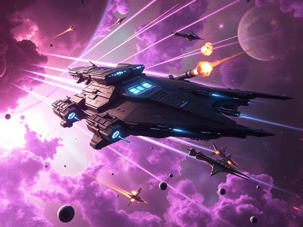 Depict an intense space battle, with streaks of plasma energy crisscrossing the void. Highlight the Thunder Titan's luminescent panels and elegant weapons in defensive harmony against the Horizon Herald's jagged, tendril-like cannonry unleashing fury amidst the nebula's kaleidoscope glow.
Style: Cinematic, ultra-detailed sci-fi concept art
Environment Details: The battleship hovers in the midst of a swirling nebula, where vibrant hues of purple and green intermingle with distant stars. The thick clouds of gas and dust swirl around like a cosmic storm, casting a surreal light across the ship's surface. Small asteroids drift lazily nearby, remnants of a long-forgotten battle, while the echoes of distant explosions reverberate through the void, a reminder of the ongoing conflict in the galaxy. In the background, a nearby planet looms, its surface marred by scars of war, and the faint glow of orbital stations can be seen in the distance, where remnants of the Zorg Empire's relentless expansion are ever-present. The atmosphere is charged with tension, as the battleship stands ready, a dark sentinel poised to unleash its wrath upon any who dare challenge its authority in this chaotic expanse of space.
Lighting: Dynamic, dramatic lighting with lens flares and volumetric effects
Camera: Wide-angle, epic perspective
Additional Details: Show detailed ship designs, energy weapons, and environmental effects
Quality: Ultra HD, highly detailed, professional quality
