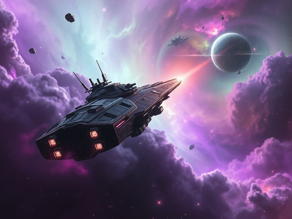 Illustrate the aftermath of battle; the Thunder Titan 914 emerging from the nebula, its surface reflecting victorious hues. The Horizon Herald, retreating into the nebula, leaves trails of smoke and debris, its once-menacing presence now diminished amidst the peaceful cosmic tapestry.
Style: Cinematic, ultra-detailed sci-fi concept art
Environment Details: The battleship hovers in the midst of a swirling nebula, where vibrant hues of purple and green intermingle with distant stars. The thick clouds of gas and dust swirl around like a cosmic storm, casting a surreal light across the ship's surface. Small asteroids drift lazily nearby, remnants of a long-forgotten battle, while the echoes of distant explosions reverberate through the void, a reminder of the ongoing conflict in the galaxy. In the background, a nearby planet looms, its surface marred by scars of war, and the faint glow of orbital stations can be seen in the distance, where remnants of the Zorg Empire's relentless expansion are ever-present. The atmosphere is charged with tension, as the battleship stands ready, a dark sentinel poised to unleash its wrath upon any who dare challenge its authority in this chaotic expanse of space.
Lighting: Dynamic, dramatic lighting with lens flares and volumetric effects
Camera: Wide-angle, epic perspective
Additional Details: Show detailed ship designs, energy weapons, and environmental effects
Quality: Ultra HD, highly detailed, professional quality