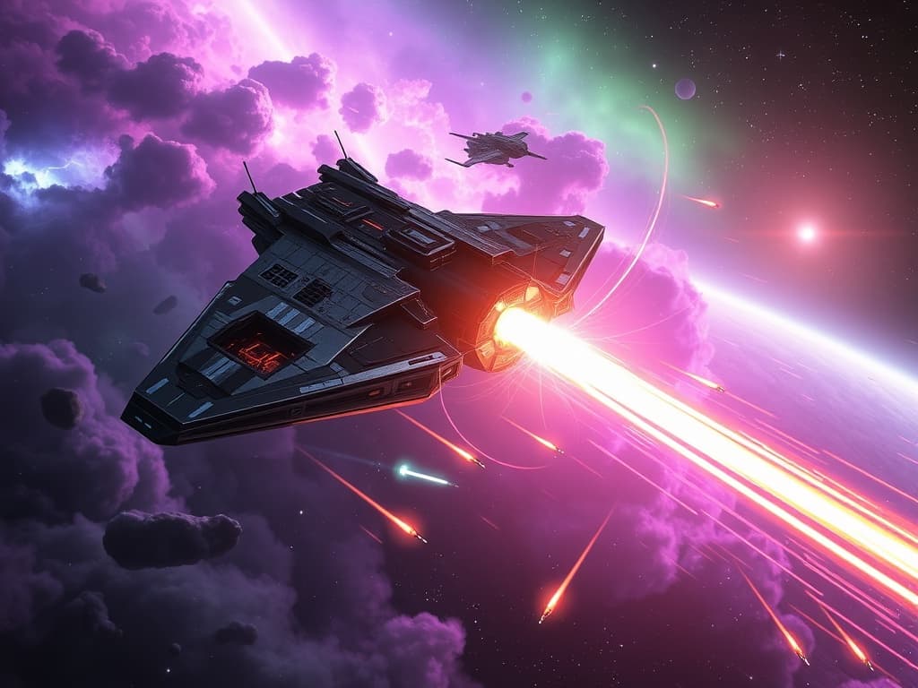 Capture the climactic moment as the Thunder Titan 914 releases an antimatter beam, its crystalline reactor blazing with light. The Horizon Herald's missiles streak toward it, while the ship's shields shimmer translucently, deflecting the onslaught amidst the nebula's surreal lightning storm.
Style: Cinematic, ultra-detailed sci-fi concept art
Environment Details: The battleship hovers in the midst of a swirling nebula, where vibrant hues of purple and green intermingle with distant stars. The thick clouds of gas and dust swirl around like a cosmic storm, casting a surreal light across the ship's surface. Small asteroids drift lazily nearby, remnants of a long-forgotten battle, while the echoes of distant explosions reverberate through the void, a reminder of the ongoing conflict in the galaxy. In the background, a nearby planet looms, its surface marred by scars of war, and the faint glow of orbital stations can be seen in the distance, where remnants of the Zorg Empire's relentless expansion are ever-present. The atmosphere is charged with tension, as the battleship stands ready, a dark sentinel poised to unleash its wrath upon any who dare challenge its authority in this chaotic expanse of space.
Lighting: Dynamic, dramatic lighting with lens flares and volumetric effects
Camera: Wide-angle, epic perspective
Additional Details: Show detailed ship designs, energy weapons, and environmental effects
Quality: Ultra HD, highly detailed, professional quality